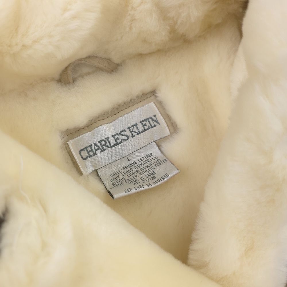 Charles Klein Luxurious Leather Tan and Cream Fleece Coat Size L - Picture 6 of 16